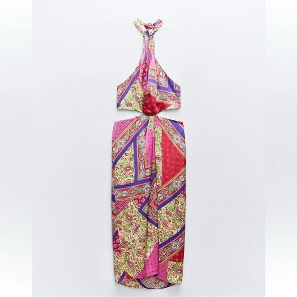 ZARA PATCHWORK PRINTED HALTER NECK MIDI DRESS - Picture 1 of 8